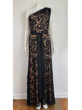 Tadashi Shoji Lace Dress Size 10 One Shoulder Black Floral Embroidered Gown